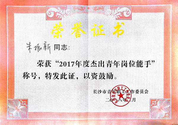 平博在线智能朱振新荣获长沙市2017年度杰出青年岗位能手