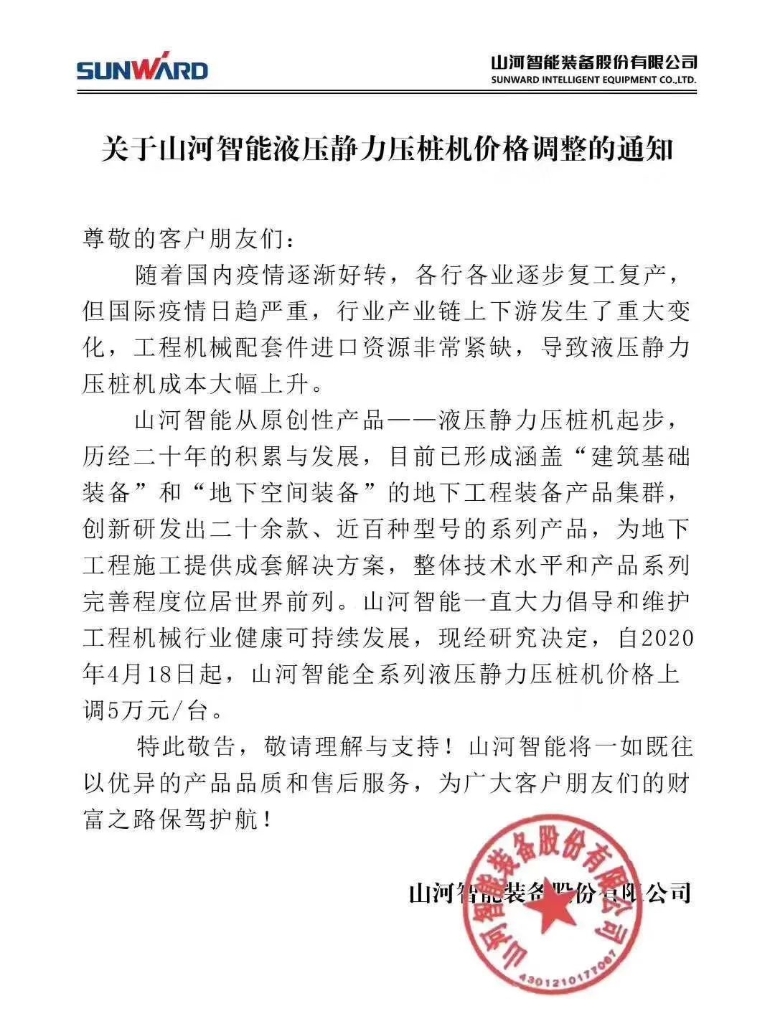 关于平博在线智能液压静力压桩机价格调整的通知