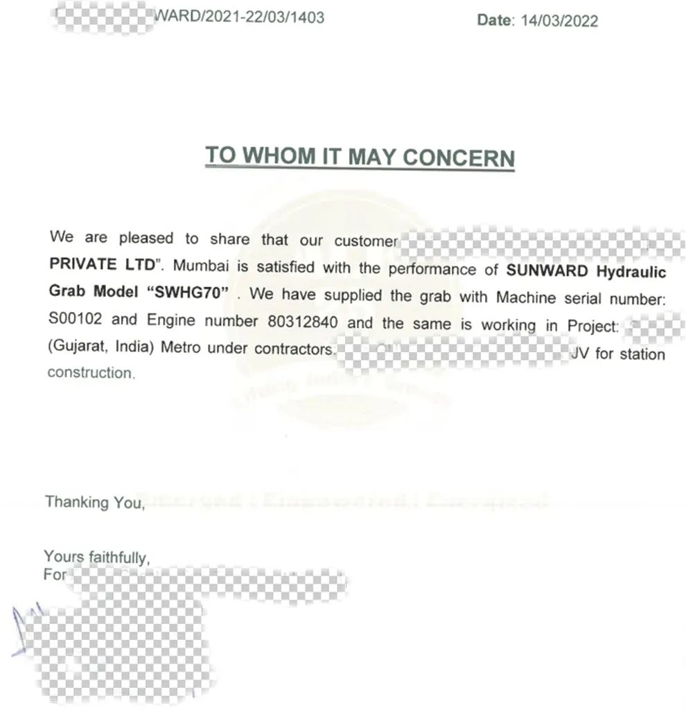 感谢信!平博在线智能SWHG70液压抓斗助力海外基础施工获肯定